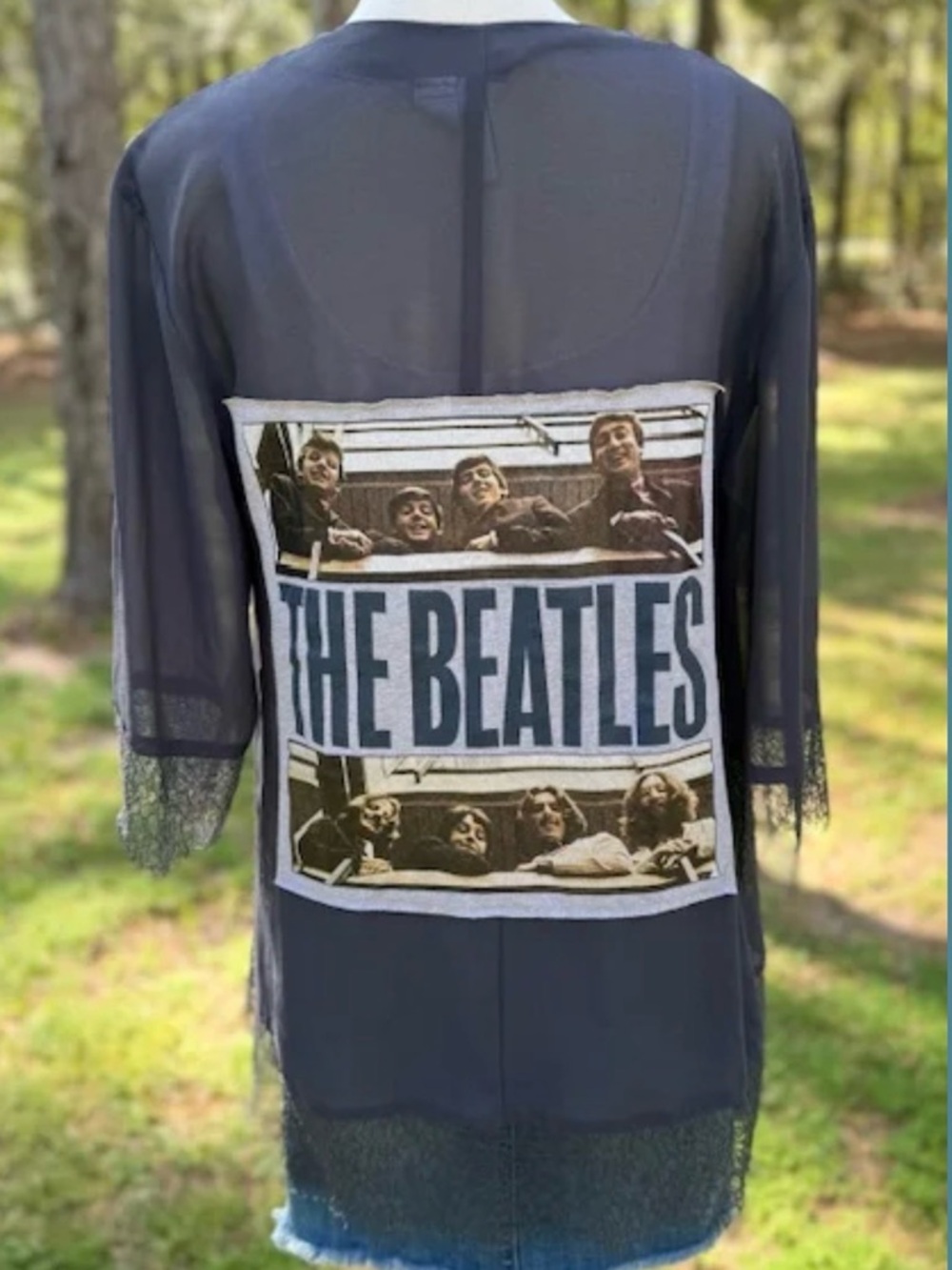 Upcycled Gray Sheer kimono with The Beatles Patch